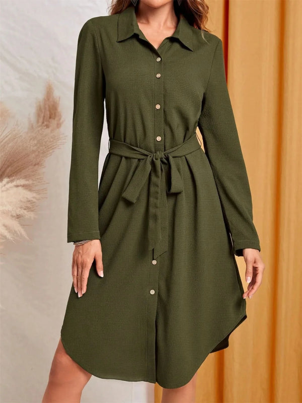 Button - Down Belted Shirt Dress - ShalayeFashion