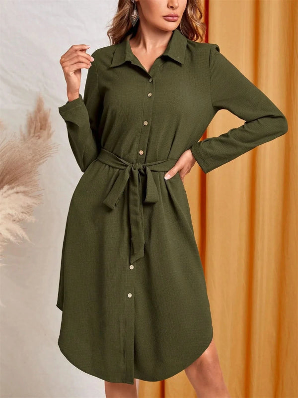Button - Down Belted Shirt Dress - ShalayeFashion