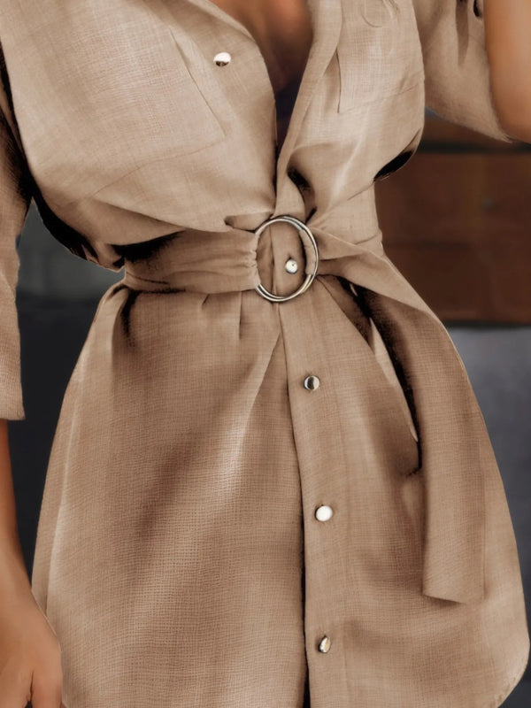 Button - Front Belted Shirt Dress - ShalayeFashion