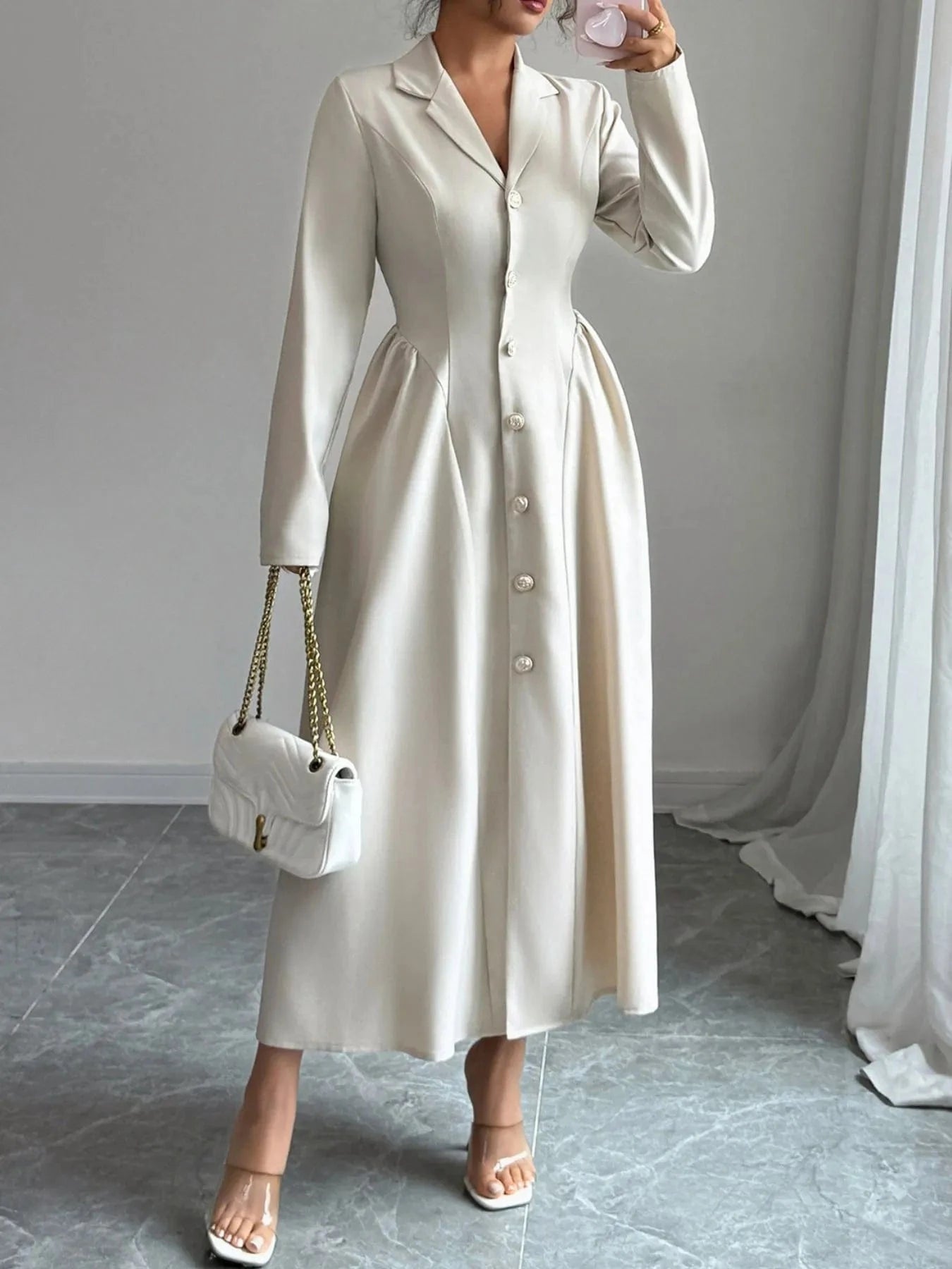 Button - Front Long Sleeve Dress - ShalayeFashion