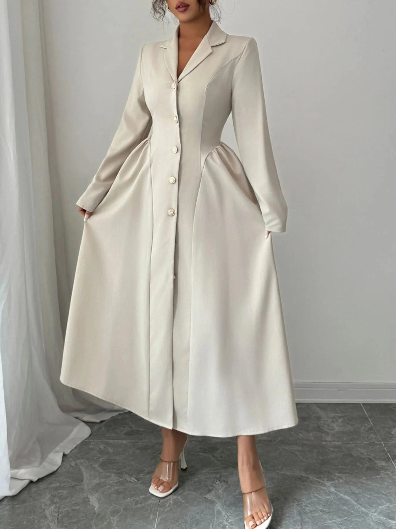 Button - Front Long Sleeve Dress - ShalayeFashion