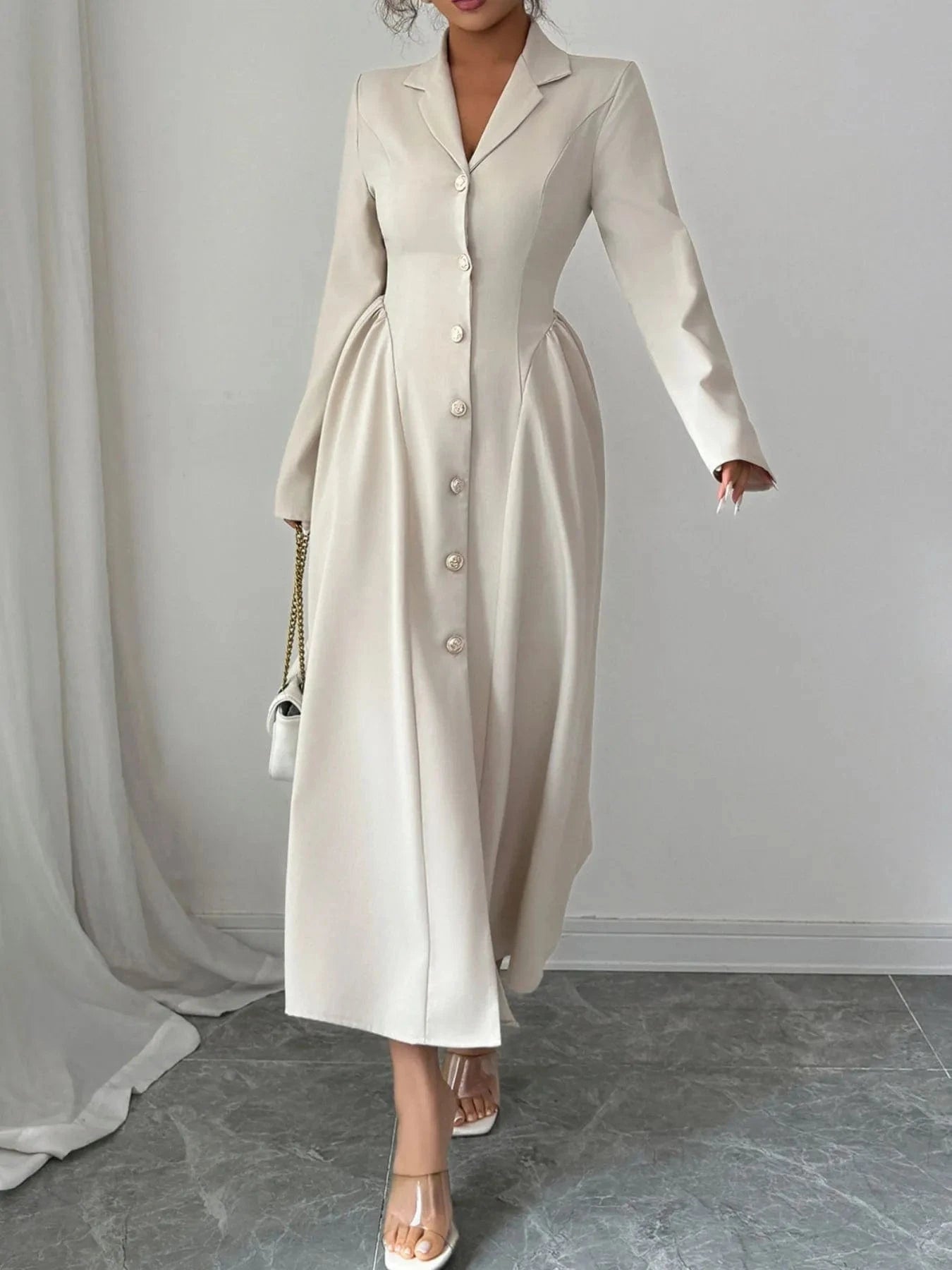 Button - Front Long Sleeve Dress - ShalayeFashion