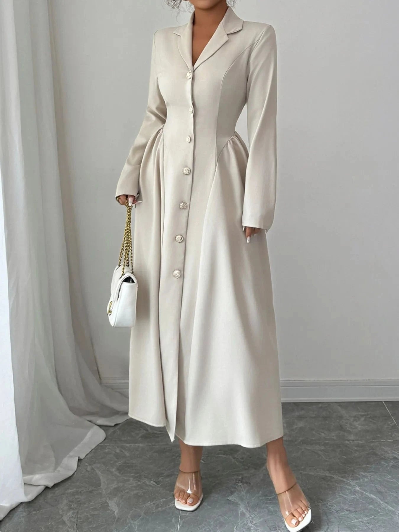 Button - Front Long Sleeve Dress - ShalayeFashion