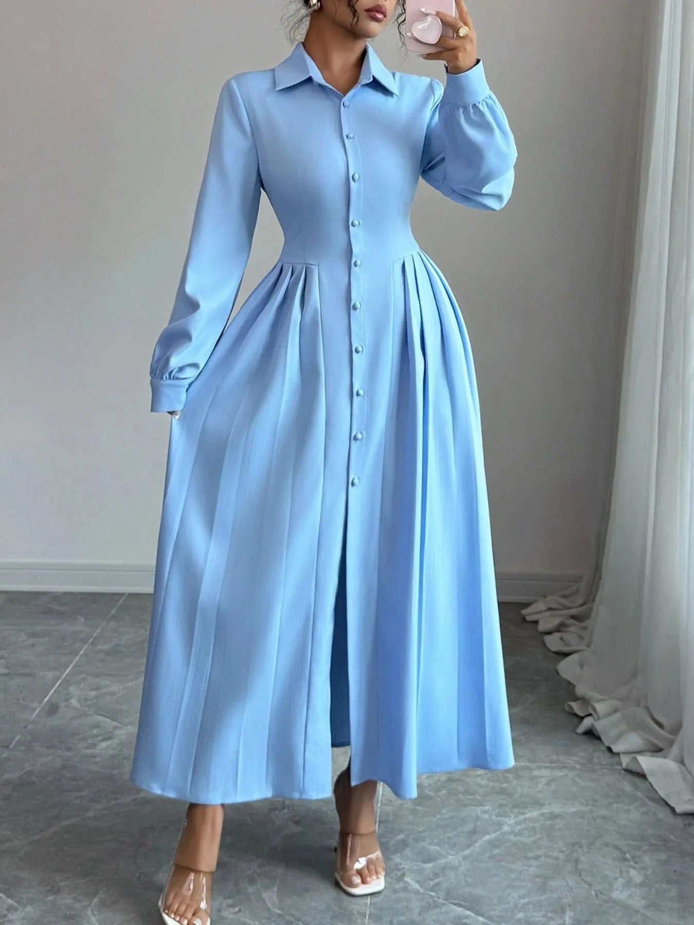 Button - Front Maxi Shirt Dress - ShalayeFashion