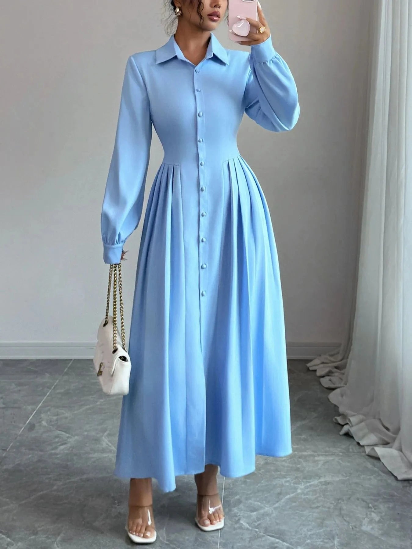 Button - Front Maxi Shirt Dress - ShalayeFashion