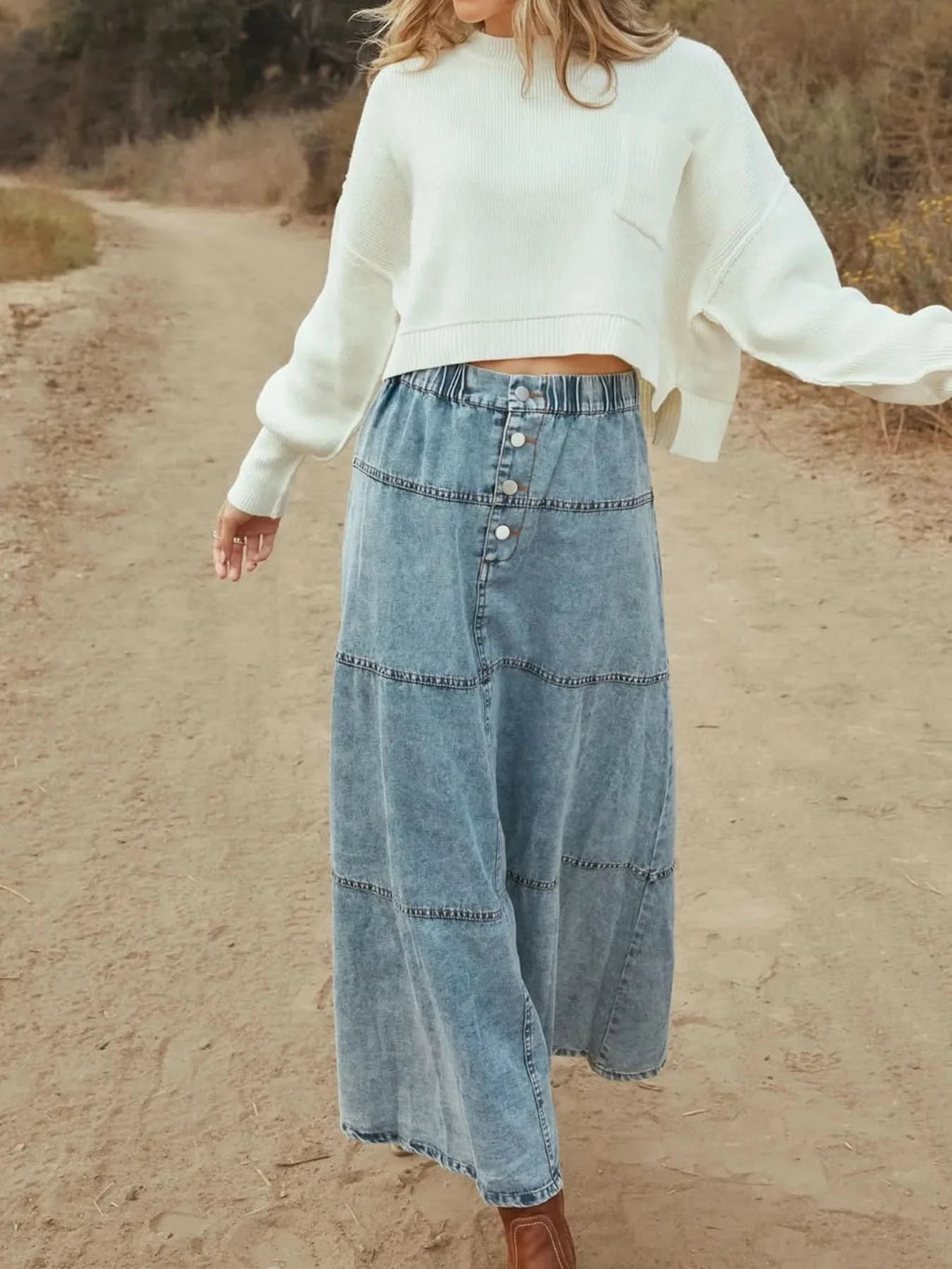Button - Front Tiered Maxi Denim Skirt - ShalayeFashion