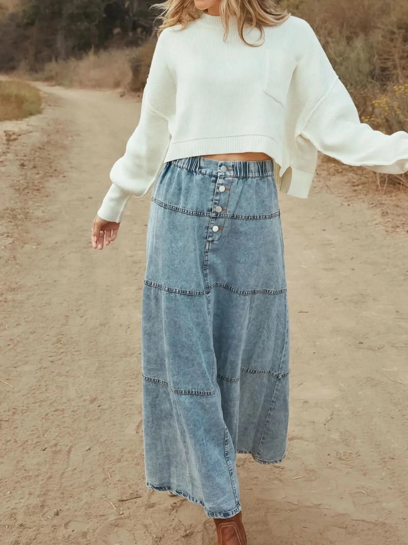 Button - Front Tiered Maxi Denim Skirt - ShalayeFashion