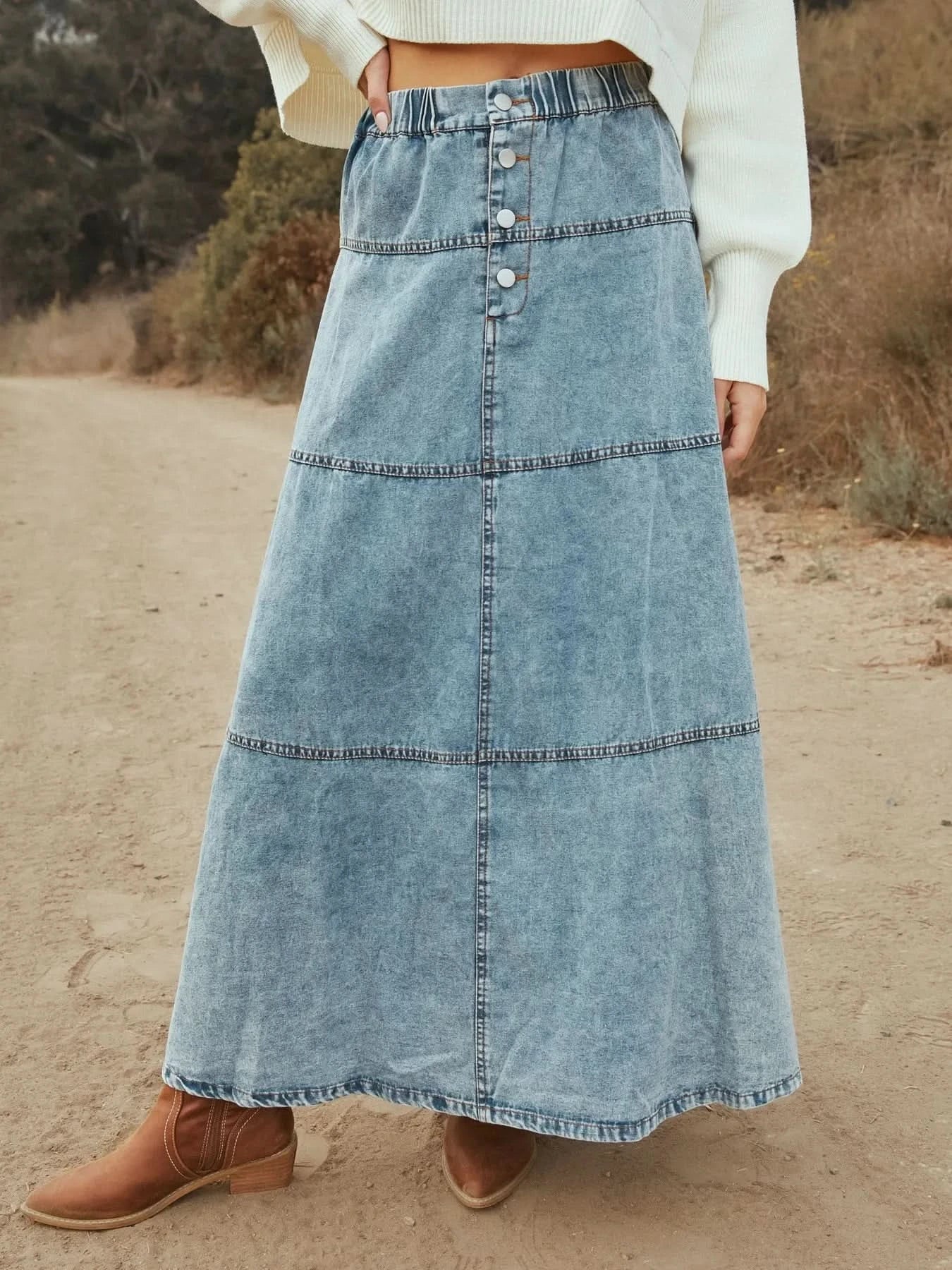 Button - Front Tiered Maxi Denim Skirt - ShalayeFashion