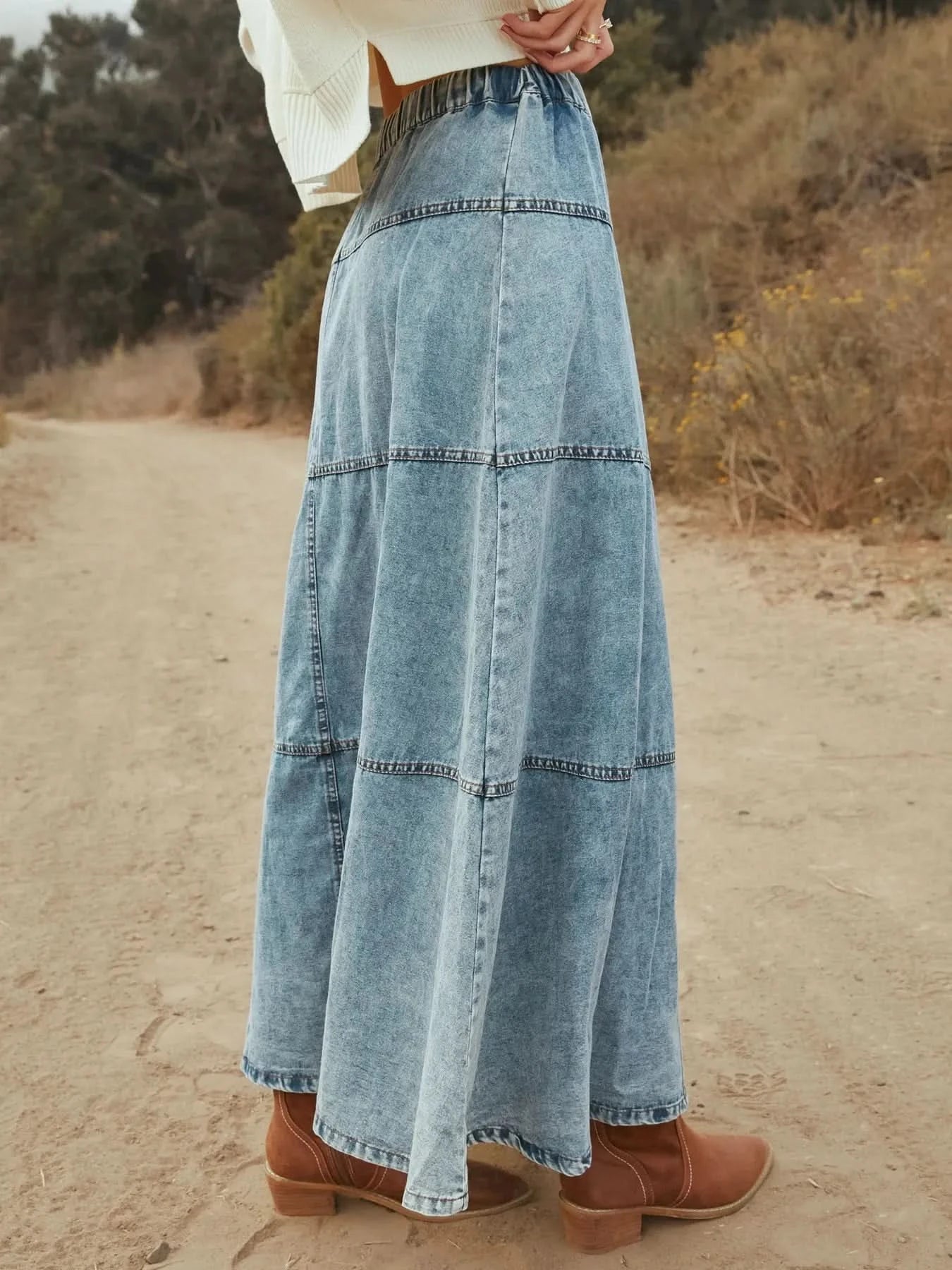 Button - Front Tiered Maxi Denim Skirt - ShalayeFashion