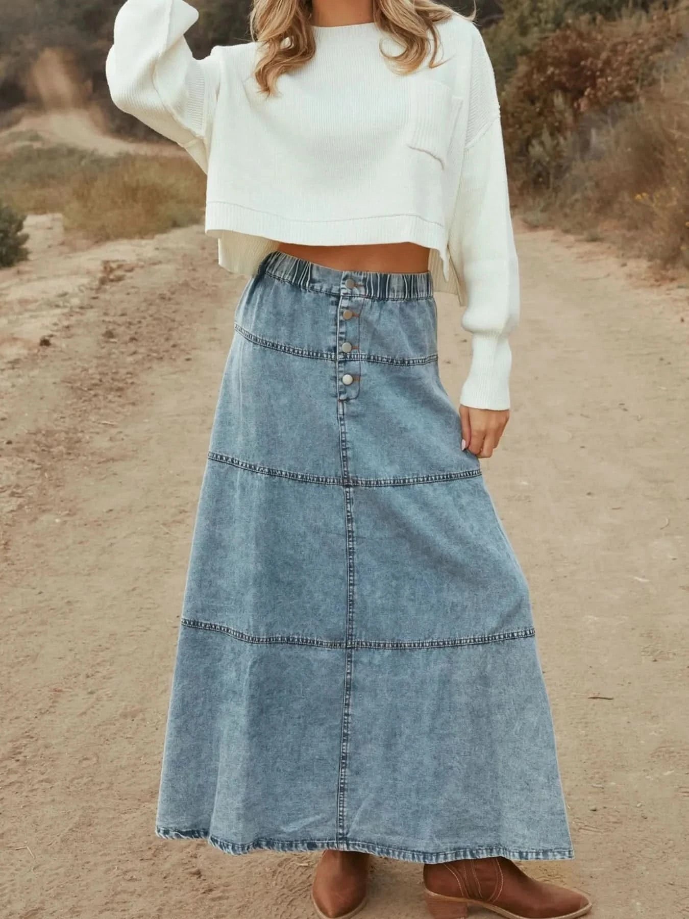 Button - Front Tiered Maxi Denim Skirt - ShalayeFashion