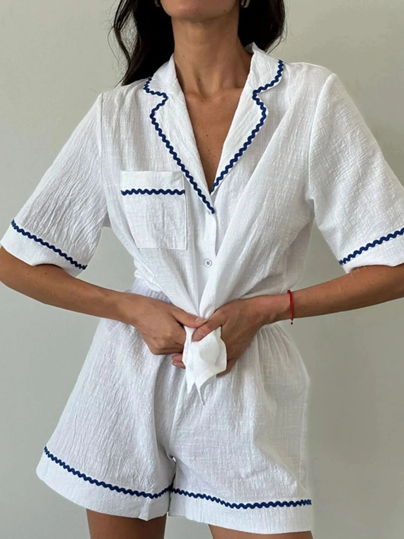 Button Up Half Sleeve Top and Shorts Lounge Set - ShalayeFashion