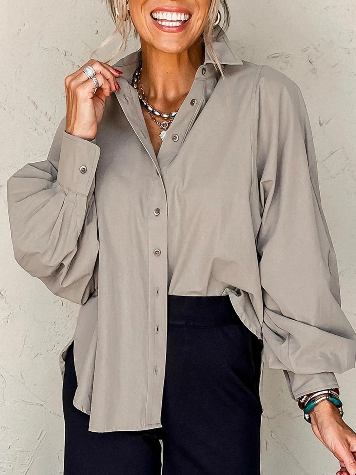 Button Up Lantern Sleeve Shirt - ShalayeFashion