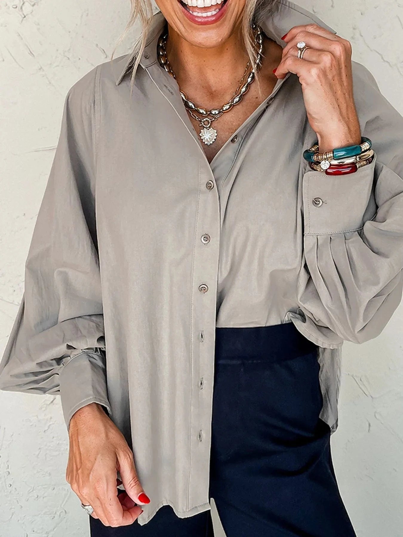 Button Up Lantern Sleeve Shirt - ShalayeFashion