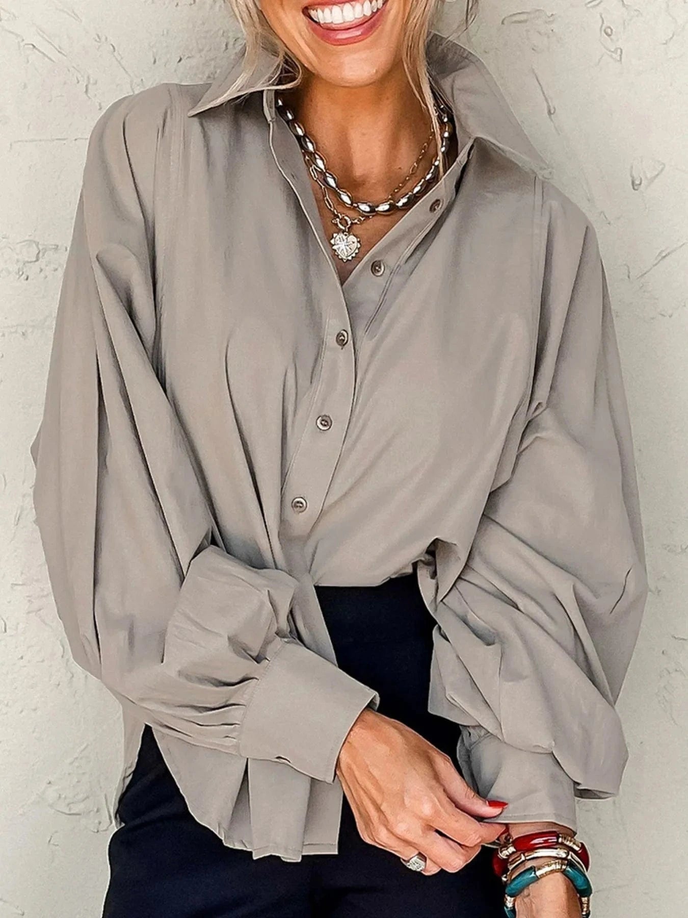 Button Up Lantern Sleeve Shirt - ShalayeFashion