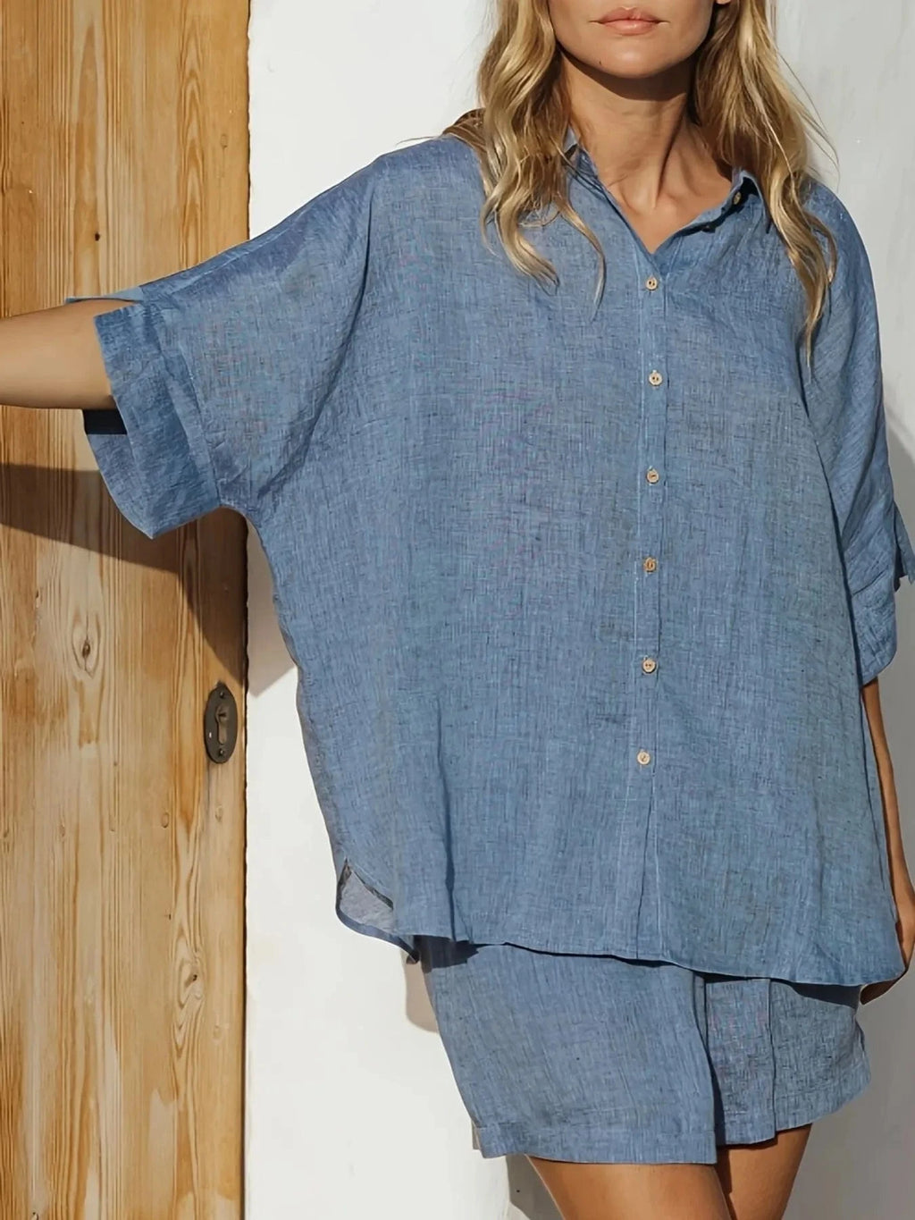 Button - Up Shirt and Shorts Set - ShalayeFashion
