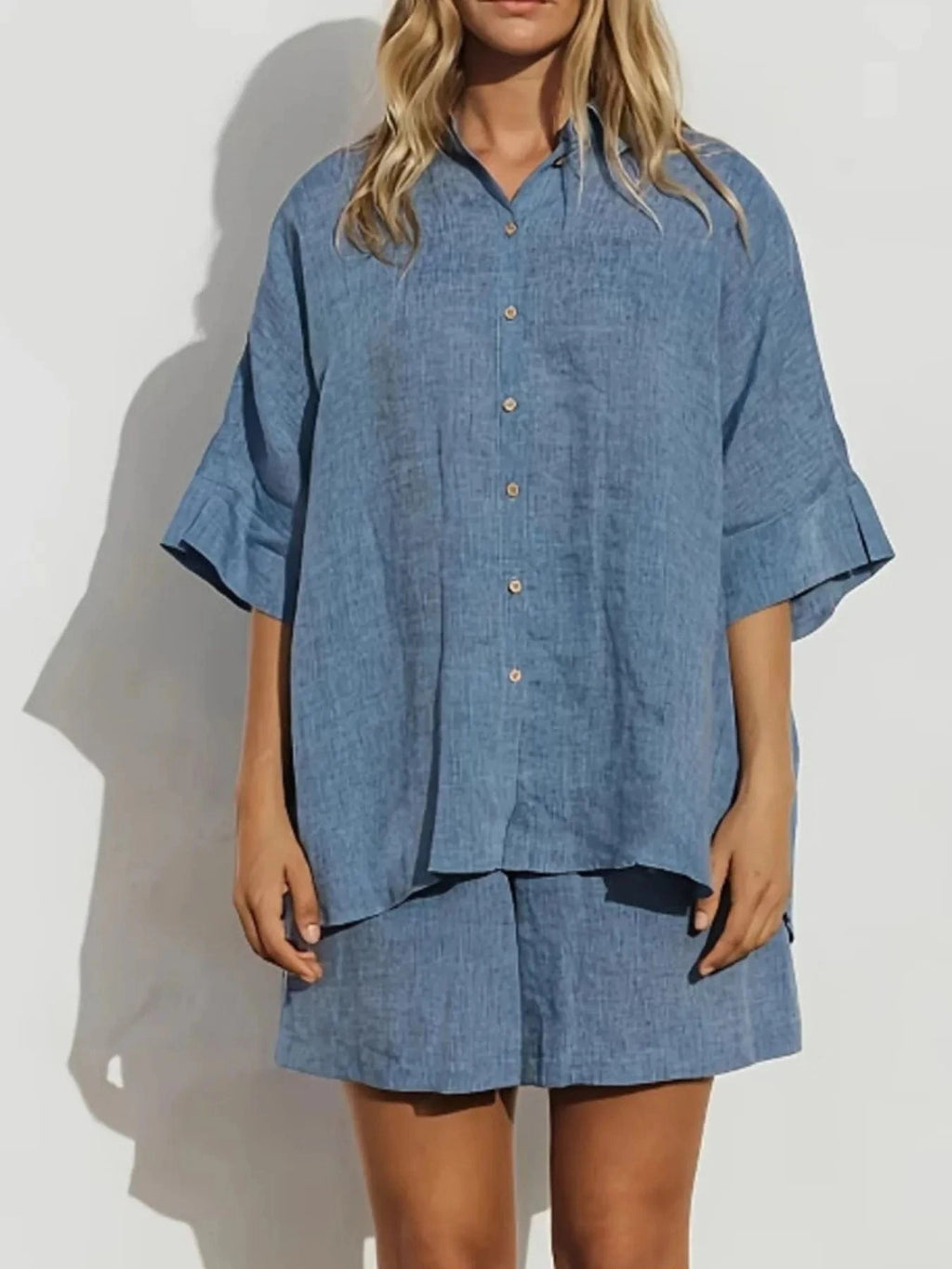 Button - Up Shirt and Shorts Set - ShalayeFashion