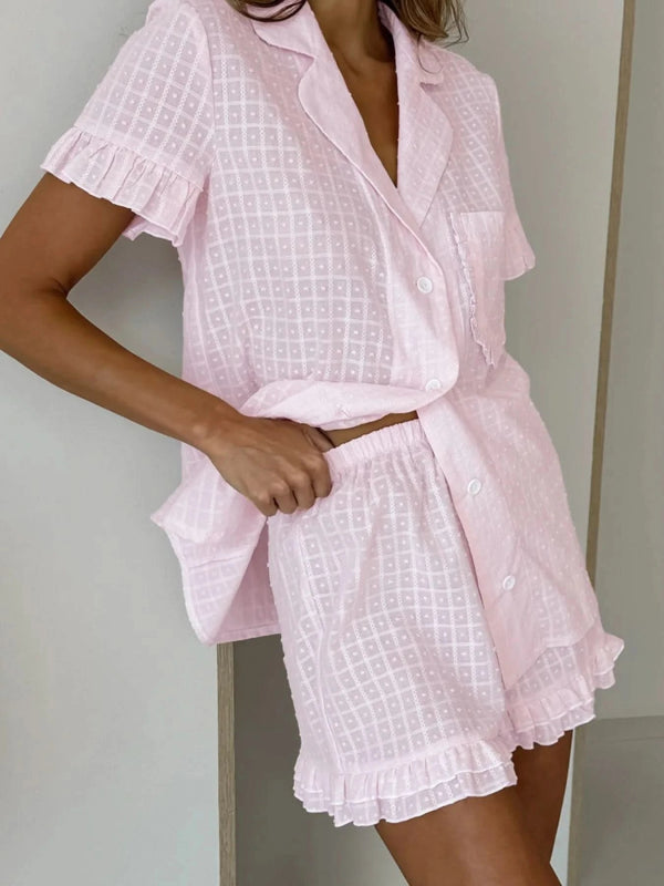 Button Up Short Sleeve Top and Shorts Set - ShalayeFashion