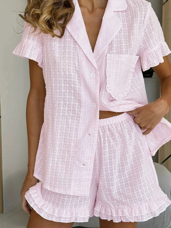 Button Up Short Sleeve Top and Shorts Set - ShalayeFashion