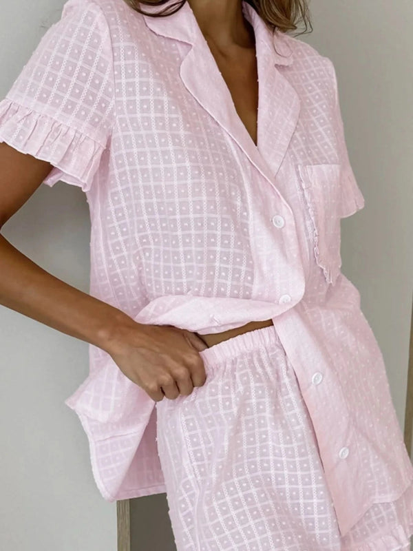 Button Up Short Sleeve Top and Shorts Set - ShalayeFashion