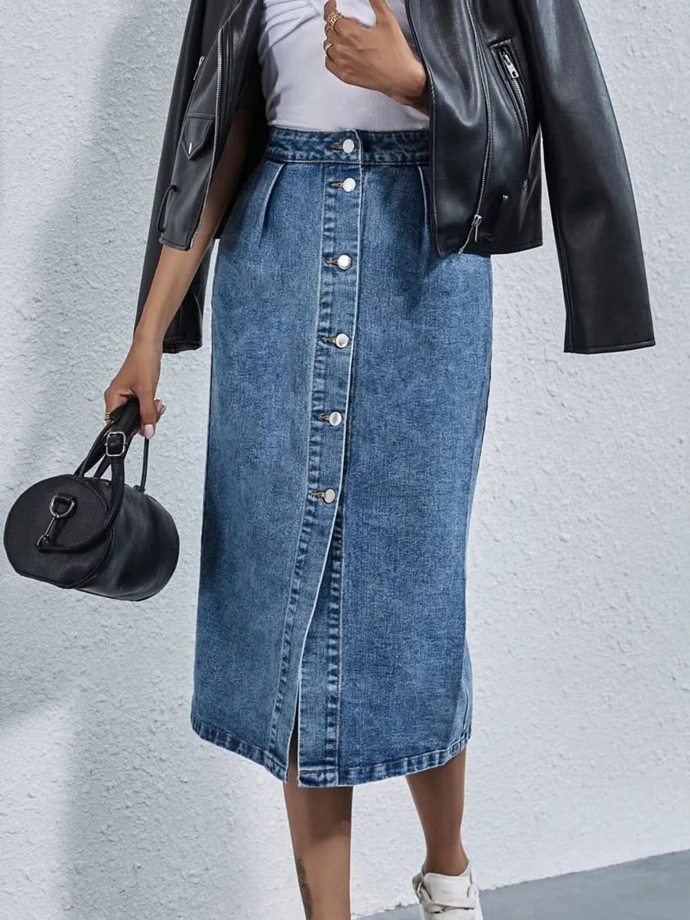 Buttoned Denim Skirt with Pockets - ShalayeFashion