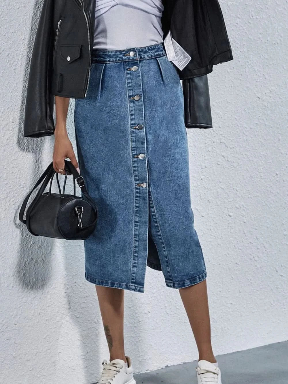 Buttoned Denim Skirt with Pockets - ShalayeFashion