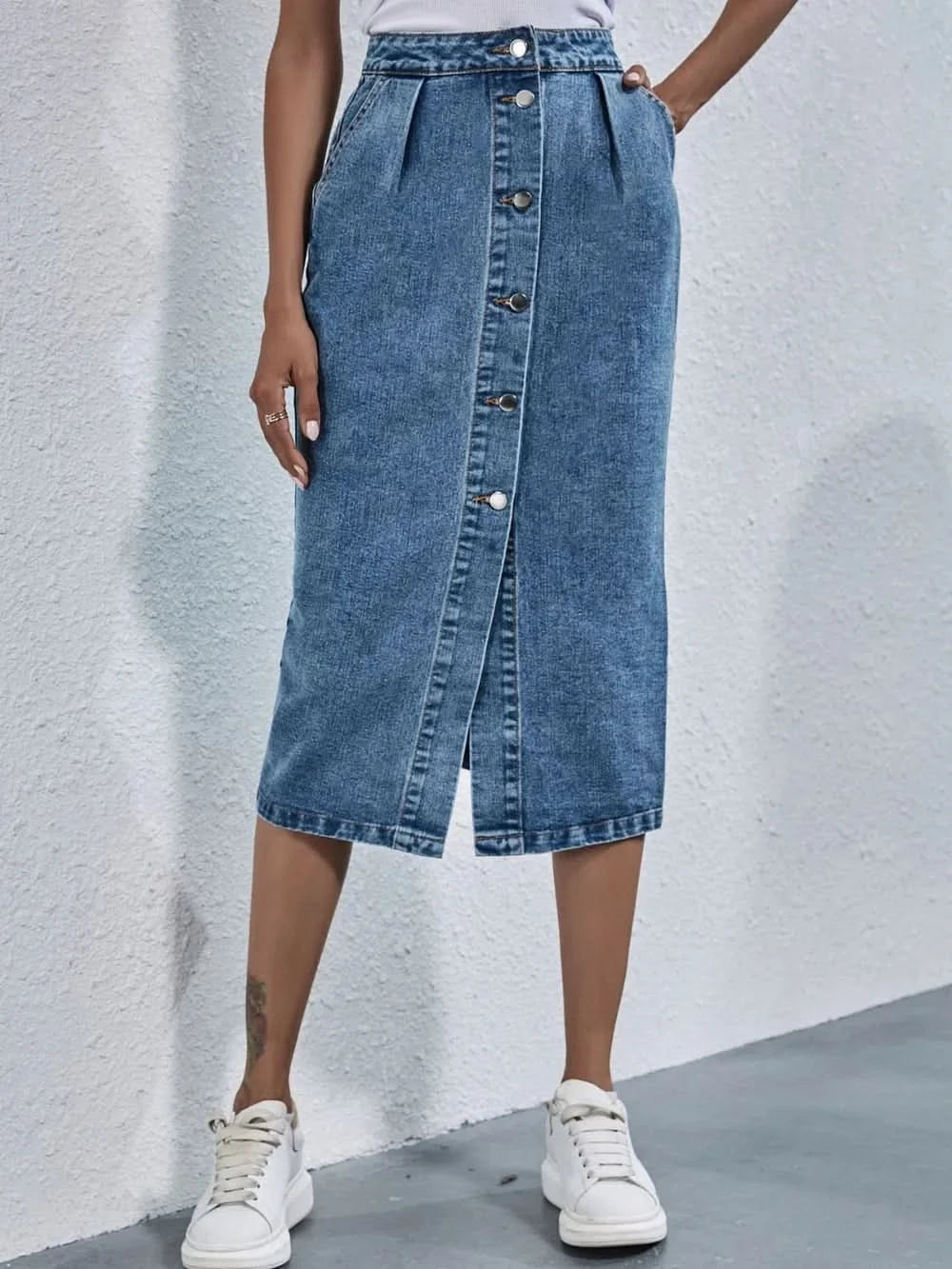 Buttoned Denim Skirt with Pockets - ShalayeFashion