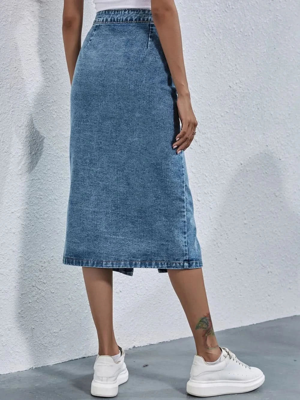 Buttoned Denim Skirt with Pockets - ShalayeFashion