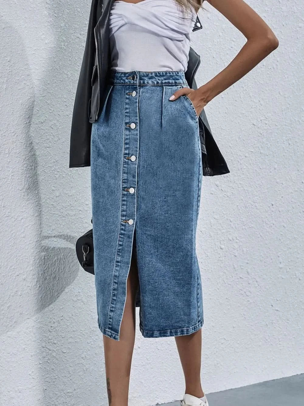 Buttoned Denim Skirt with Pockets - ShalayeFashion