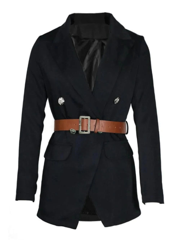 Buttoned Lapel Collar Long Sleeve Blazer - ShalayeFashion