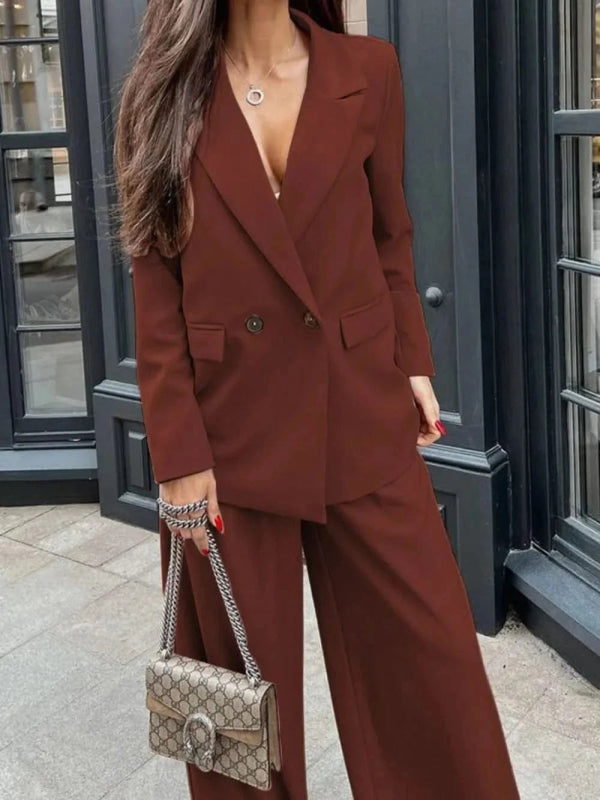 Buttoned Lapel Collar Long Sleeve Blazer and Pants Set - ShalayeFashion