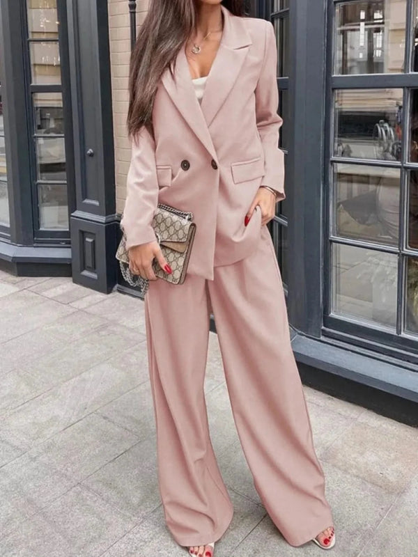 Buttoned Lapel Collar Long Sleeve Blazer and Pants Set - ShalayeFashion