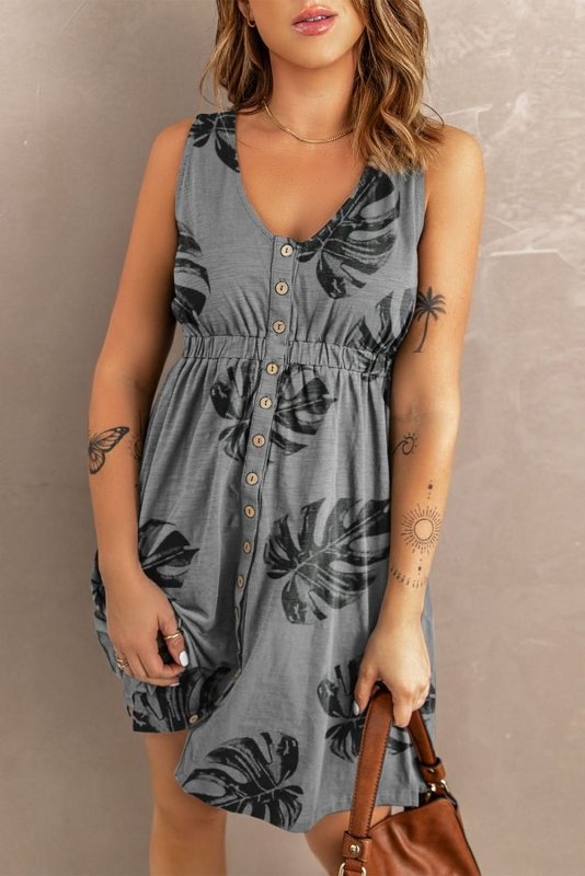 Buttoned Round Neck Sleeveless Mini Magic Dress - ShalayeFashion
