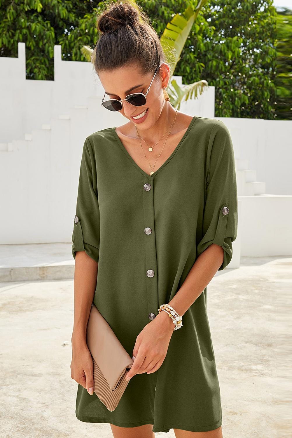Buttoned V - Neck Dress - ShalayeFashion