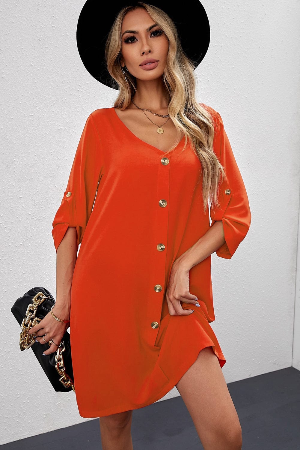 Buttoned V - Neck Dress - ShalayeFashion