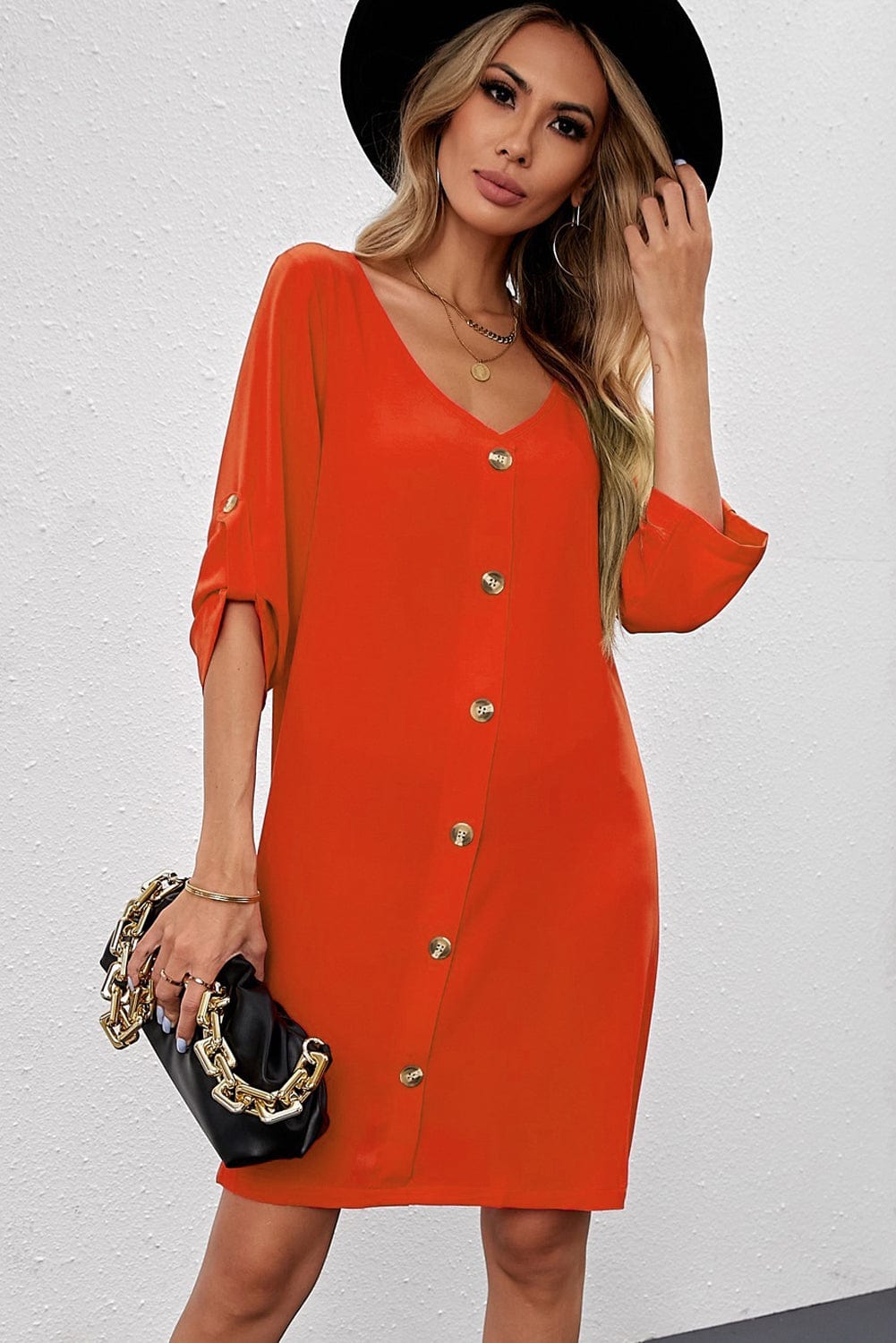Buttoned V - Neck Dress - ShalayeFashion