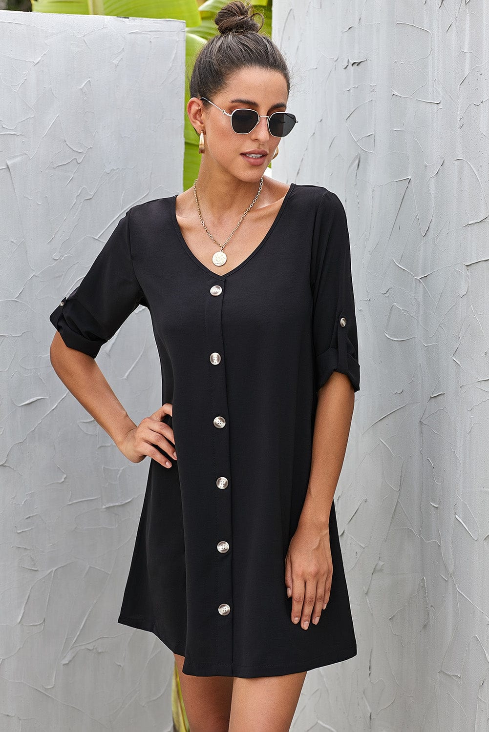 Buttoned V - Neck Dress - ShalayeFashion