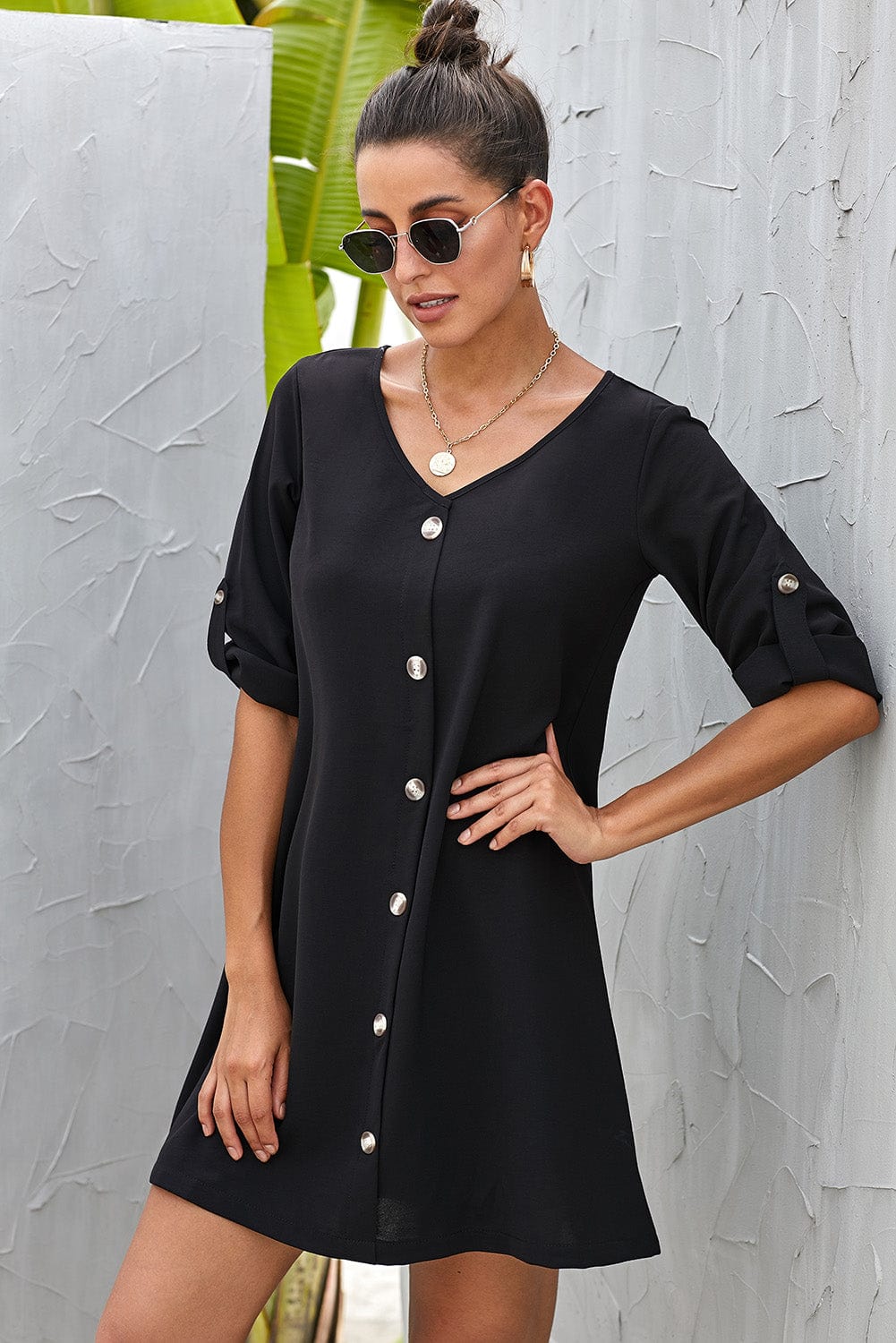 Buttoned V - Neck Dress - ShalayeFashion