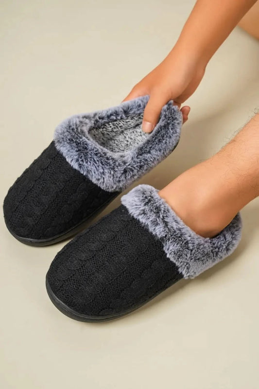 Cable - Knit Fluff Round Toe Slippers - ShalayeFashion