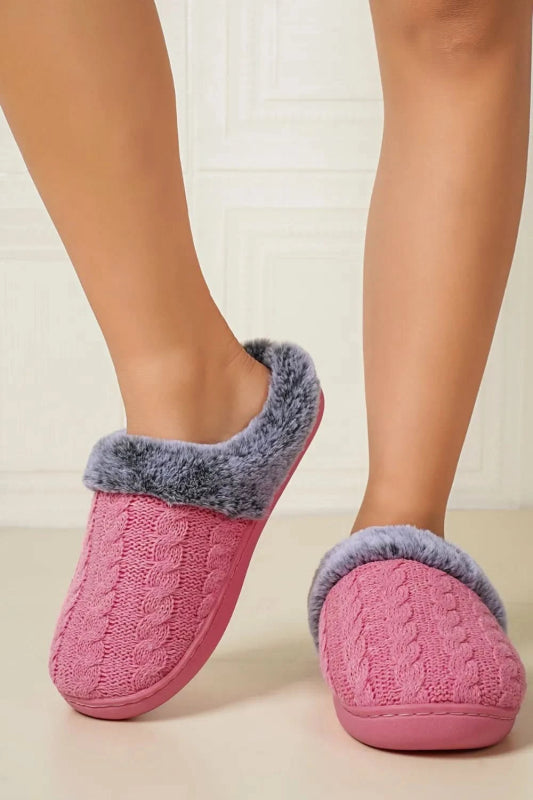 Cable - Knit Fluff Round Toe Slippers - ShalayeFashion