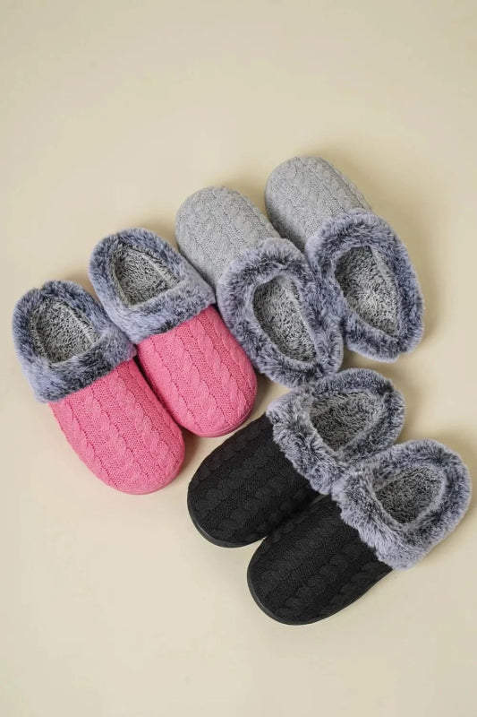 Cable - Knit Fluff Round Toe Slippers - ShalayeFashion