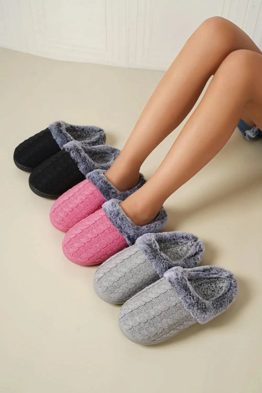 Cable - Knit Fluff Round Toe Slippers - ShalayeFashion