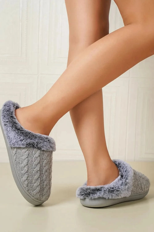 Cable - Knit Fluff Round Toe Slippers - ShalayeFashion
