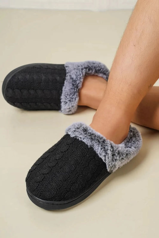 Cable - Knit Fluff Round Toe Slippers - ShalayeFashion