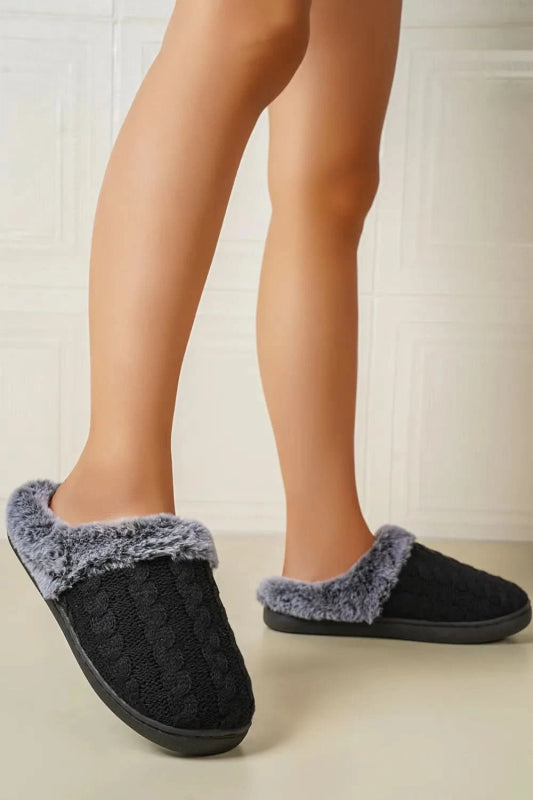 Cable - Knit Fluff Round Toe Slippers - ShalayeFashion