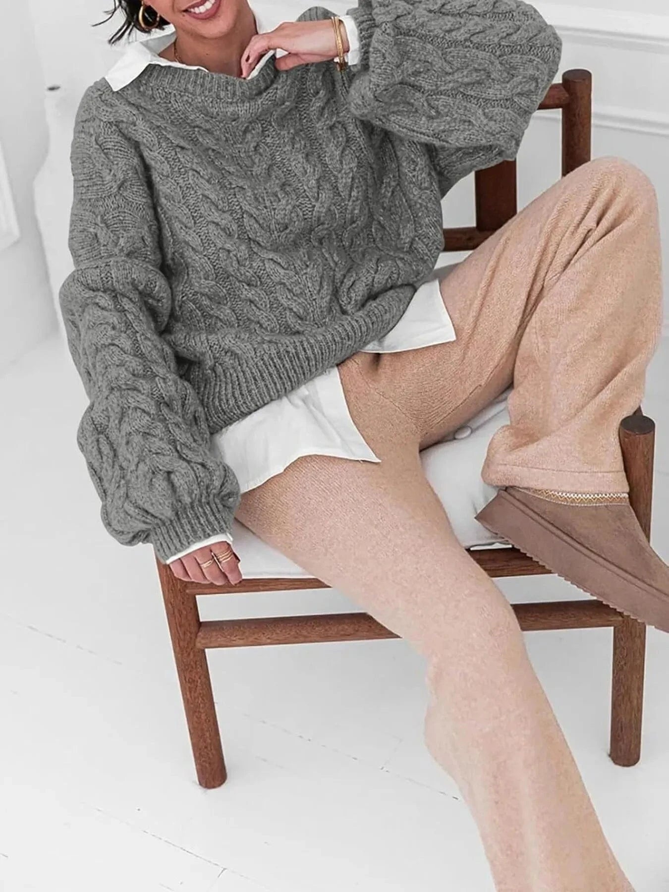 Cable Knit Long Sleeve Sweater - ShalayeFashion