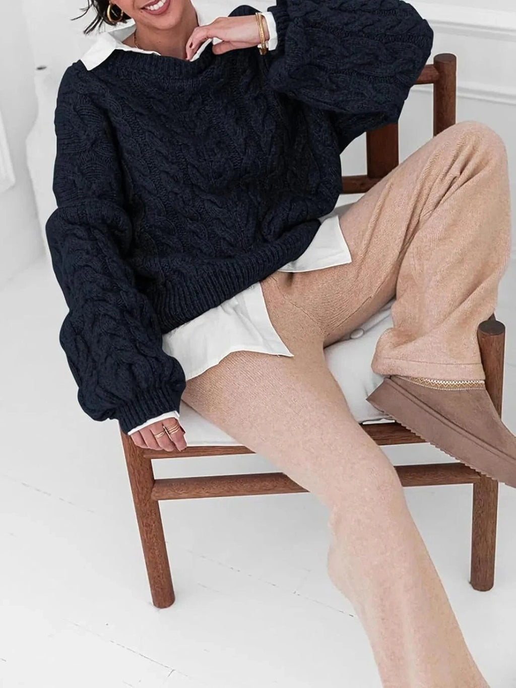 Cable Knit Long Sleeve Sweater - ShalayeFashion