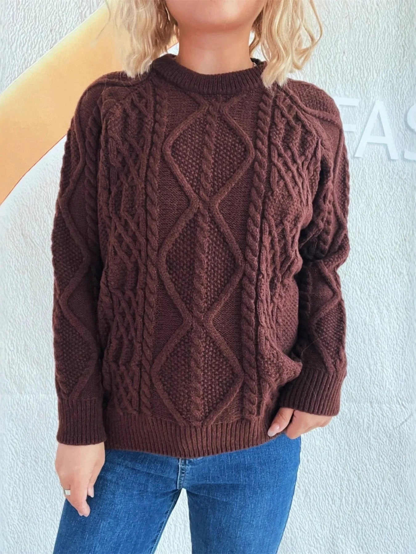 Cable Knit Long Sleeve Sweater - ShalayeFashion