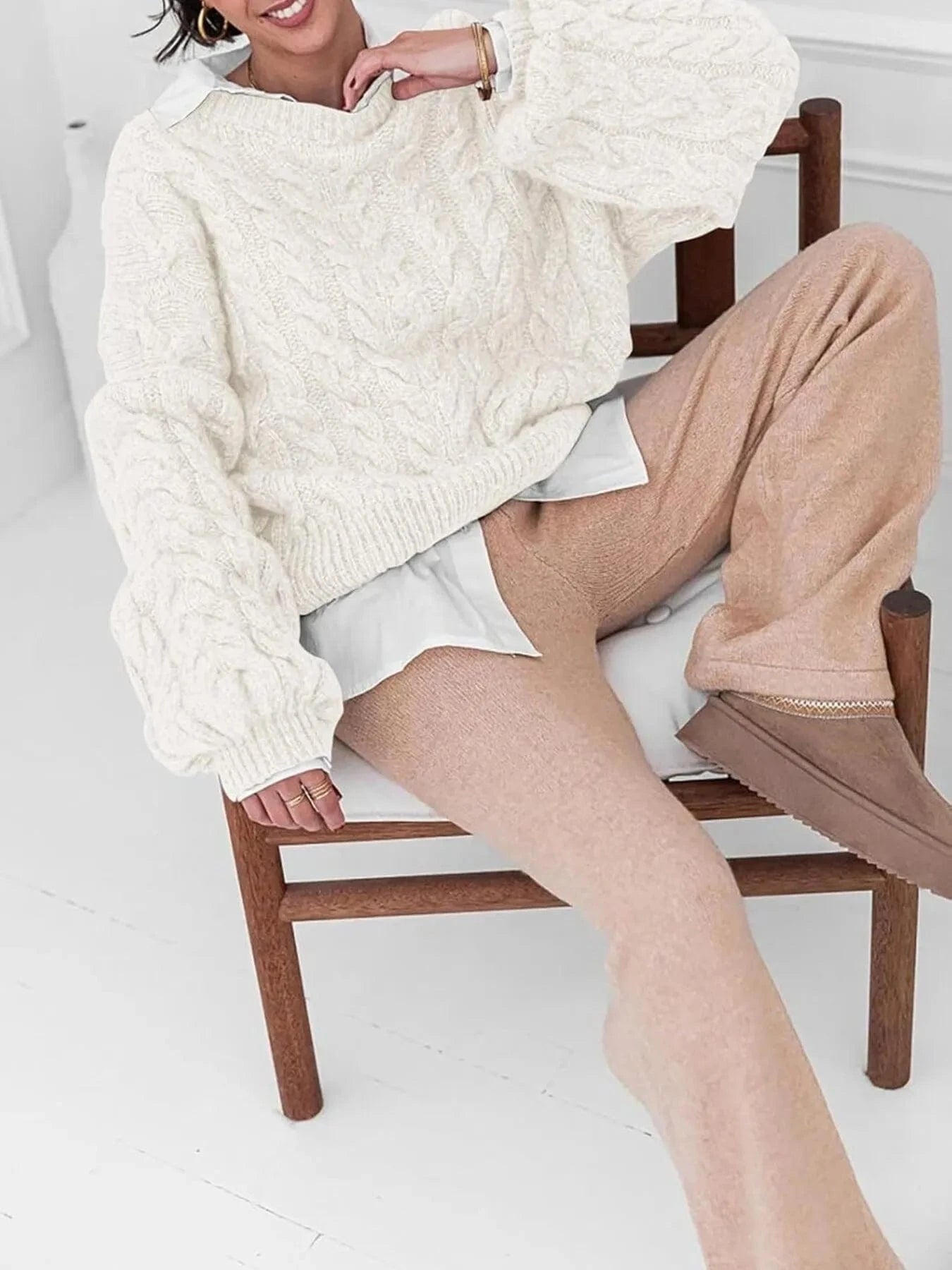 Cable Knit Long Sleeve Sweater - ShalayeFashion