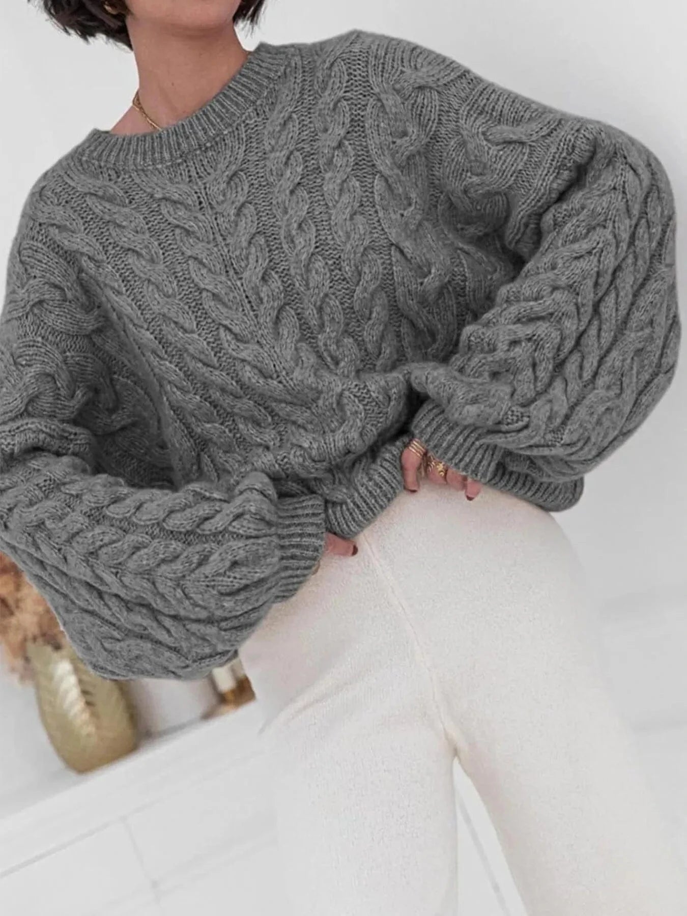 Cable Knit Long Sleeve Sweater - ShalayeFashion