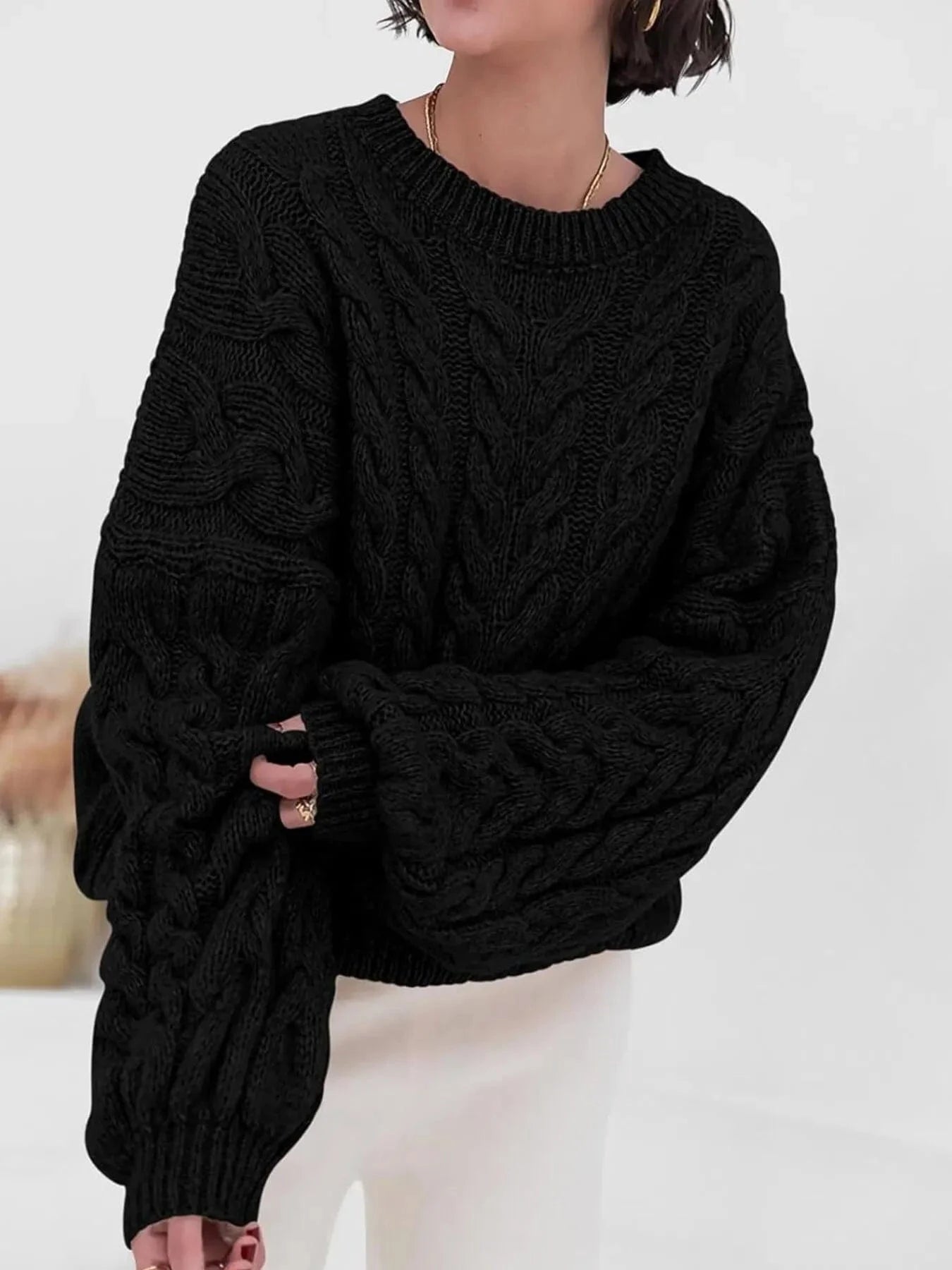 Cable Knit Long Sleeve Sweater - ShalayeFashion